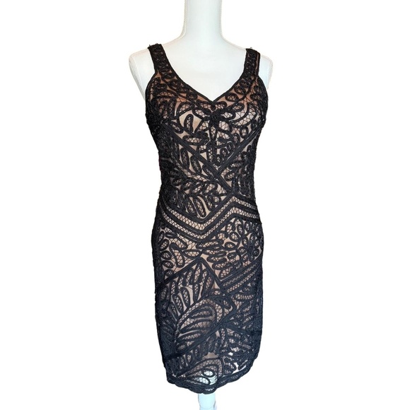 Sue Wong Cocktail Dress Size 12 Black Nude Lining Lace Beaded Altered - Picture 2 of 7